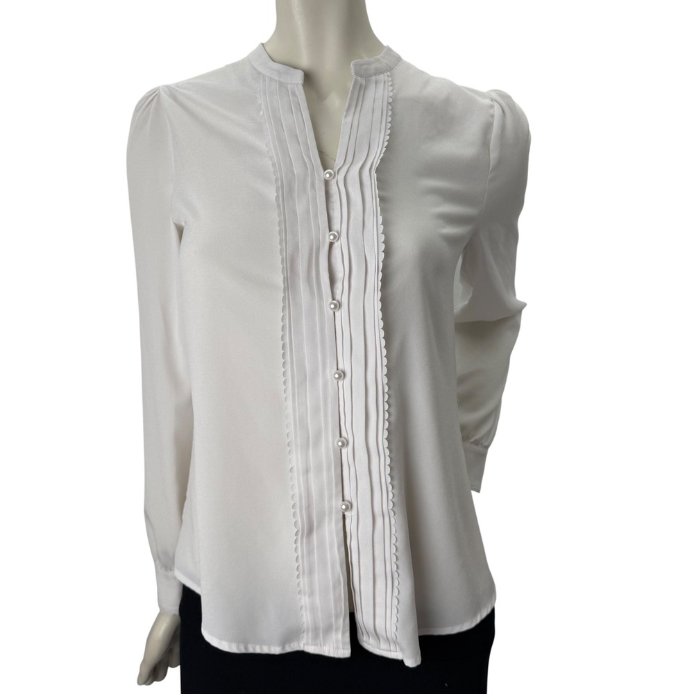 Karl Lagerfeld Paris White Pleated Pearl Button Blouse Mandarin Collar Small